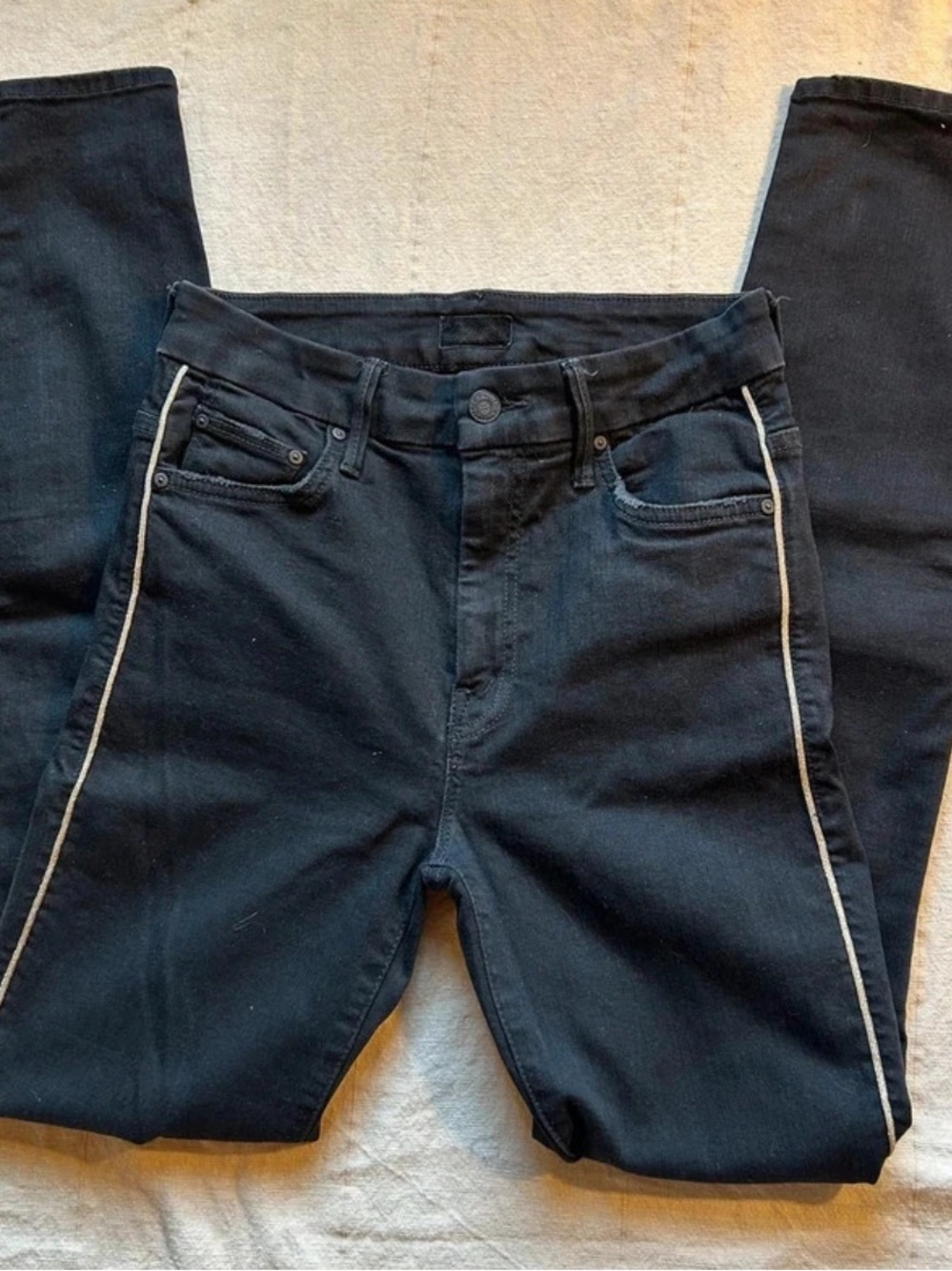 MOTHER High Waisted Looker Black Jeans with White Side Piping - Size 26